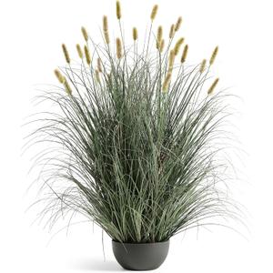 FloraFairy 4ft Onion Grass, Artificial Plant and Greenery, Fake Floor Plants Indoor Outdoor, Potted Faux Green Bristlegrass with Yellow Spikes, Large Size Horsetail Reed Grass, House Decorative