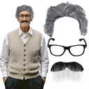 3pcs Old Man Costume Kit Grandpa Wig Glasses and Fake Beard for 100th Day Halloween Cosplay Accessories