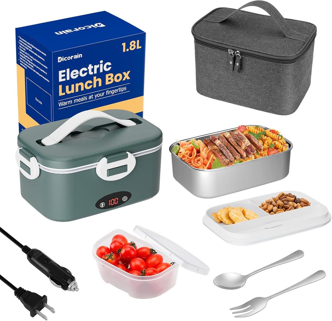 Electric Lunch Box with Temperature Control Function, 100w Heated Lunch Box 1.8L Portable Food Warmer for Adults, 12/24/110v Heating Lunch Box for Car/Truck/Office with Thickened Bag (Forest)