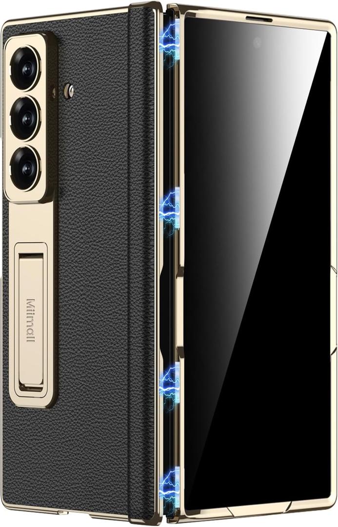 Miimall Leather Case for Samsung Galaxy Z Fold 7 with Stand,[Built-in Privacy Screen Protector and Magnetic Hinge Protection][Wireless Charging] Sturdy Luxury Bumper Cover for ZFold 7 Case Gold Black