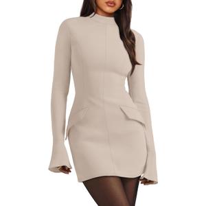 OFEEFAN Women's Fall Long Sleeve Mock Neck Dress Basic Party Club Bodycon Mini Dresses, Medium