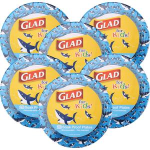 Glad for Kids Shark Dinnerware, 120 Count - 6 Pack | Round Paper Plates With Cute Sharks for Kids | Heavy Duty Disposable Soak Proof Microwavable Plates for All Occasions, 8.5 Inch (Blue)