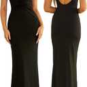 Women Summer Bodycon Maxi Dress Sexy Ruched Deep V Neck Elegant Formal Wedding Guest Long Dresses, Small