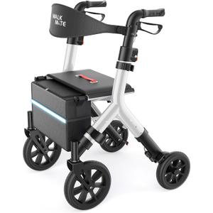 WALK MATE Rollator Walker for Seniors 5.3~7ft Tall, Height-Adjustable Seat, Built-in Cable, 10 Inch Wheels, 16.5 lb Lightweight & Compact Folding Design, 300 lb Capacity, Silver