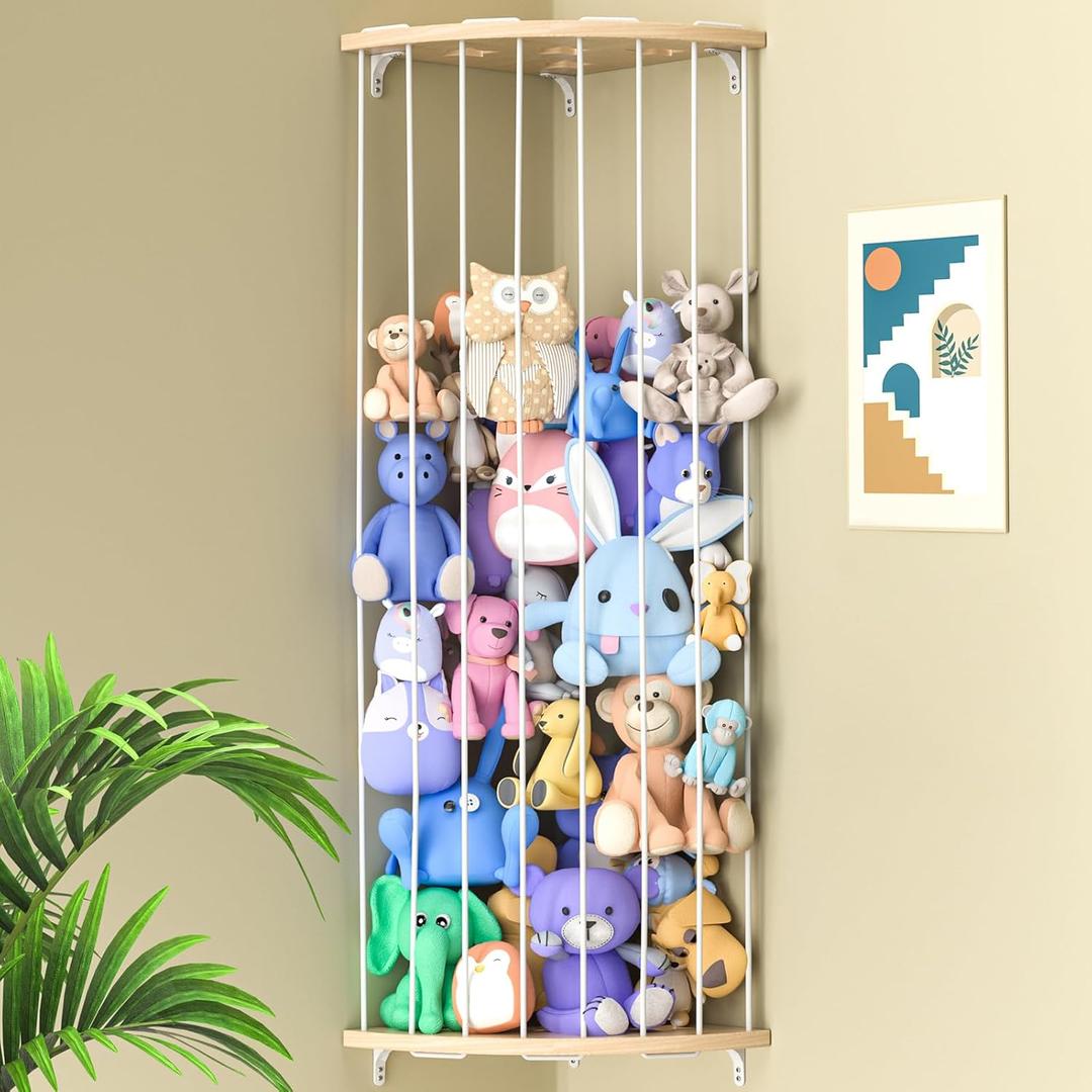 Stuffed Animal Storage Wood Corner Plush Toys Holder with Star Pattern, Length Adjustable Hanging Stuffed Animal Toy Organizer Shelf for Nursery Play Room Bedroom Kid Room