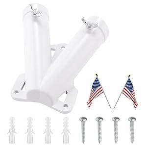 PEUTIER Double Flag Pole Bracket Holder, V Shape Premium Aluminum Alloy Flagpole Holder Mounting Bracket Heavy Duty Flagpole Carrier Double Slot Double Flag Pole Bracket Holder(White)
