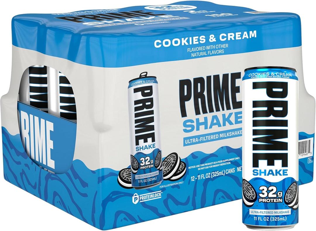 PRIME Protein Shake, Cookies & Cream, 32g Protein for Muscle Support & Recovery, Ultra-Filtered Milk, Lactose Free, Low Sugar, Low Calorie, Ready to Drink, 11 fl oz, 12 Pack (EXP 12/18/26)