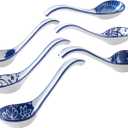 Ceramic Asian Soup Spoon - 6.3 Inch Japanese Ramen Spoons Chinese Soup Spoons for Pho Wonton Miso Dumplings Cereal Stews Noodles - Vintage Blue