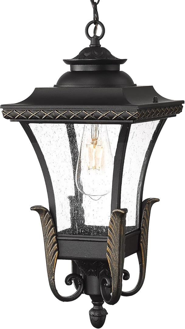 Emliviar 20.5 Inch Farmhouse Outdoor Pendant Light for Porch, Outdoor Hanging Lamp for Patio Waterproof with Seeded Glass, Adjustable Height, XE291HM BG (Medium)