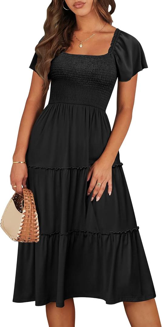 ANRABESS Women Summer Casual Square Neck Flutter Sleeve Boho Smocked A-Line Flowy Tiered Modest Midi Sun Dress with Pockets (XX-Large)