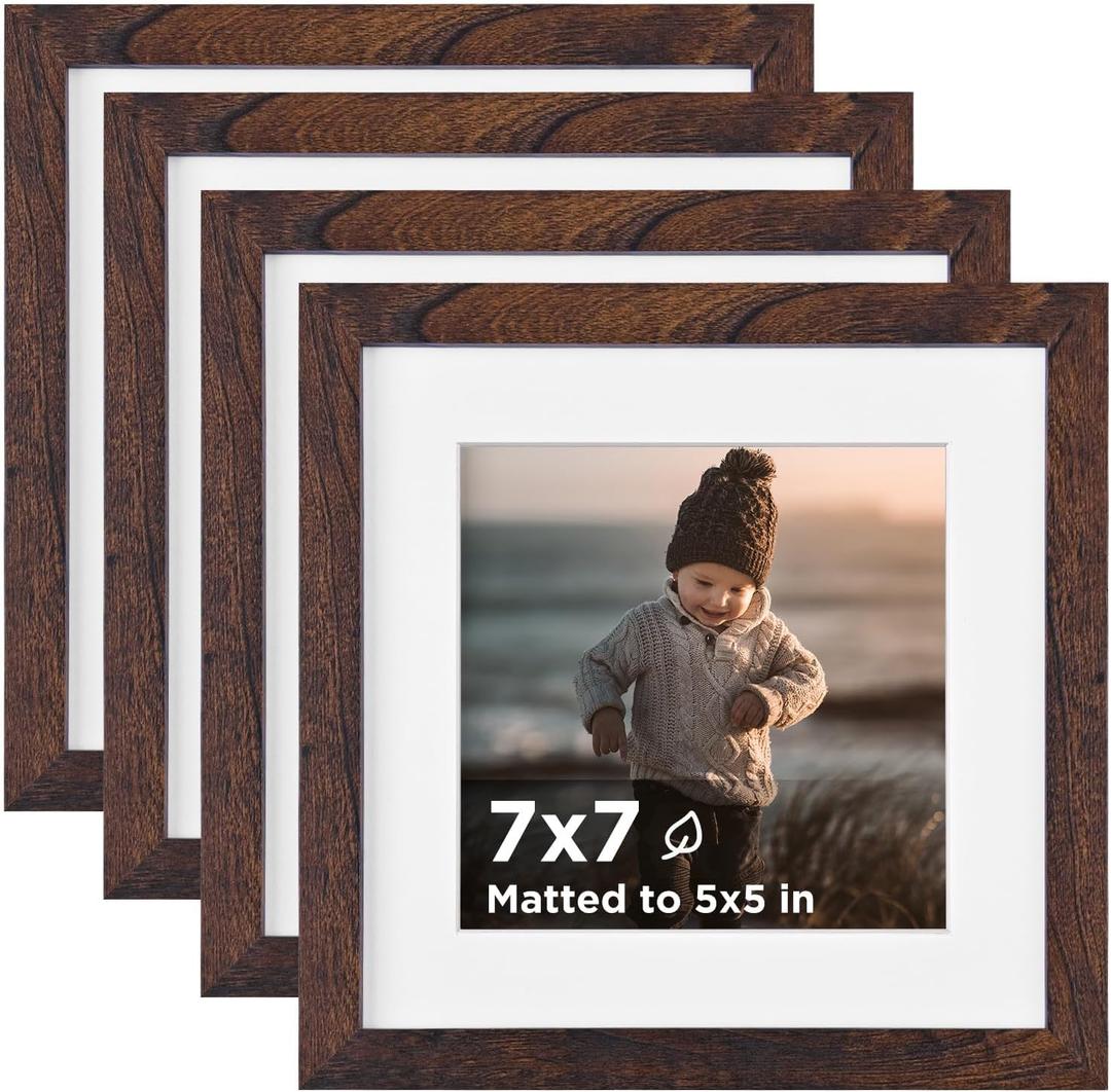 KINLINK 7x7 Picture Frame Brown Set of 4, Wooden Square Photo Frames Matted 5x5 with Plexiglass for 5x5 with Mat or 7x7 without Mat for Table and Wall Display