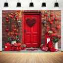 Happy Valentine's Day Photography Backdrop, Brick Wall with Red Door, Red Rose Heart & Gift Decor Studio Background, Wedding Bridal Shower Party Photo Booth Props Backdrop Banner (7X5, Multi1)