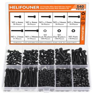 540 Pieces M3 x 6mm /8mm /12mm /16mm /20mm /25mm /30mm, Hex Socket Head Cap Screws Bolts Washers Nuts Kit, 12.9 Grade Alloy Steel, Full Threaded, Black