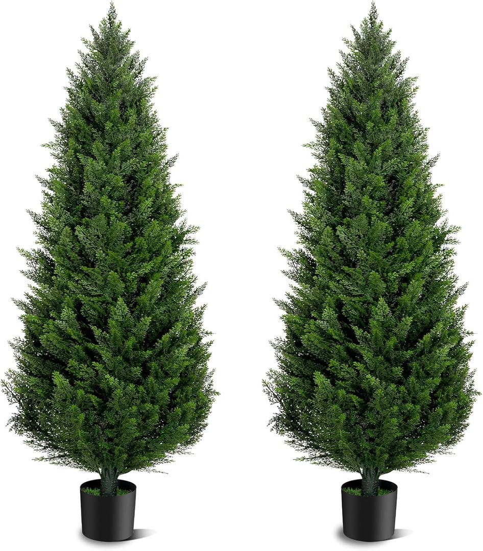 5FT Artificial Topiary Cedar Trees Outdoor Set of 2 Faux Pine Potted Plants 60'' UV Resistant Long Lasting Evergreen Fake Cypress Shrubs for Home Front Porch Patio Decor