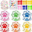Gejoy 96pcs Dog Birthday Party Decorations Set Include Dog Print Plates Knives Forks Spoons Napkins Puppy Paw Tableware for Puppy Theme Party Supplies Kit(Bright Color)