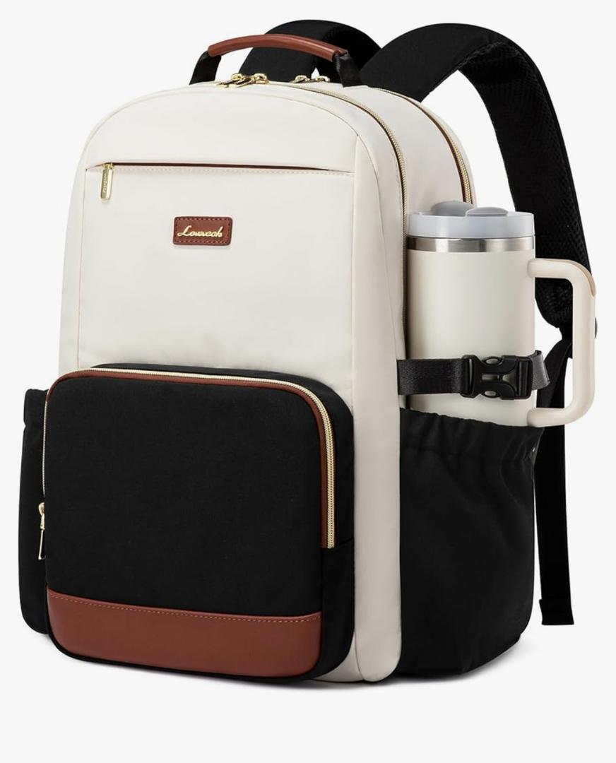 LOVEVOOK Laptop Backpack for Women with Pouch Pocket for Large Capacity Cup,15.6 Inch Laptop Computer Bag Travel Backpack Purse,Waterproof Work Business Backpack College Teacher Bags,Beige-Black-Brown