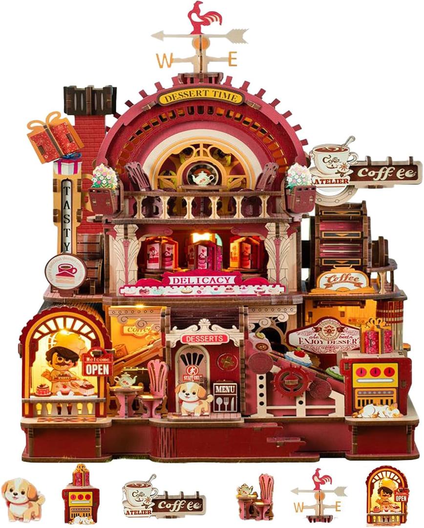 DIY Miniature House Kit - 3D Wooden Puzzle Dollhouse with LED Light & Movable Dessert Workshop, Book Nook Tiny Model Building Kit for Adults, Teens