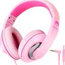 rockpapa Comfort+ Kids Headphones with Microphone, Boys Girls Student Over-Ear Headphones Wired Foldable for School Classroom Laptop PC Computer Tablet Pink