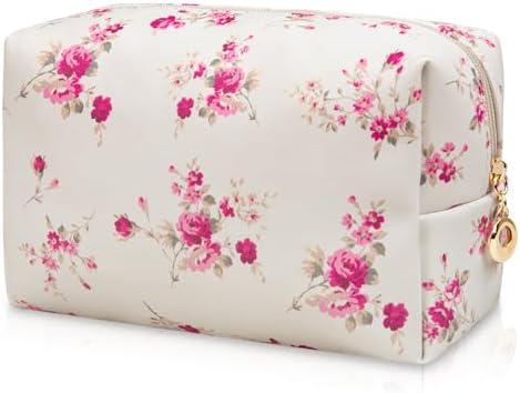 Floral Waterproof Makeup Bag, Leather Cosmetic Bag with Compartments, Zipper Make up Pouch Organizer, Portable Storage Travel Toiletry Bag Gifts for Women Girls(Rose Red Flower)