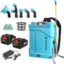 Battery Powered Backpack Sprayer 5.3 Gallon, 0-100 PSI Adjustable Pressure Sprayer with 2X3.0A Batteries, Electric Sprayer with Telescopic Wand and 5 Nozzles for Lawn, Garden, Yard, Blue