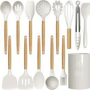 oannao Silicone Cooking Utensils Set - 446F Heat Resistant Silicone Kitchen Utensils for Cooking,Kitchen Utensil Spatula Set w Wooden Handles and Holder for Non-Stick Cookware (Cream White)