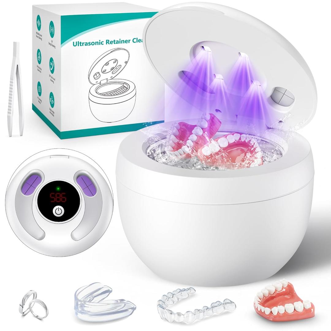 Upgraded Ultrasonic Retainer Cleaner Machine, 45kHz Ultrasonic Dentures Cleaner for Night Guards, Braces, Aligner, Toothbrush, Jewelry and More, 200ML Capacity, White (1)
