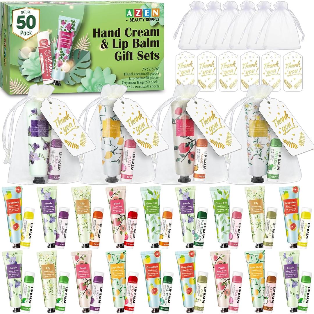AZEN 50 Sets Bulk Gifts, Hand Cream and Lip Balm Bulk Set with Organza Bag Thank You Card, Baby Shower Wedding Gifts for Guests, Bridal Wedding Favors, Valentines Gift for Women