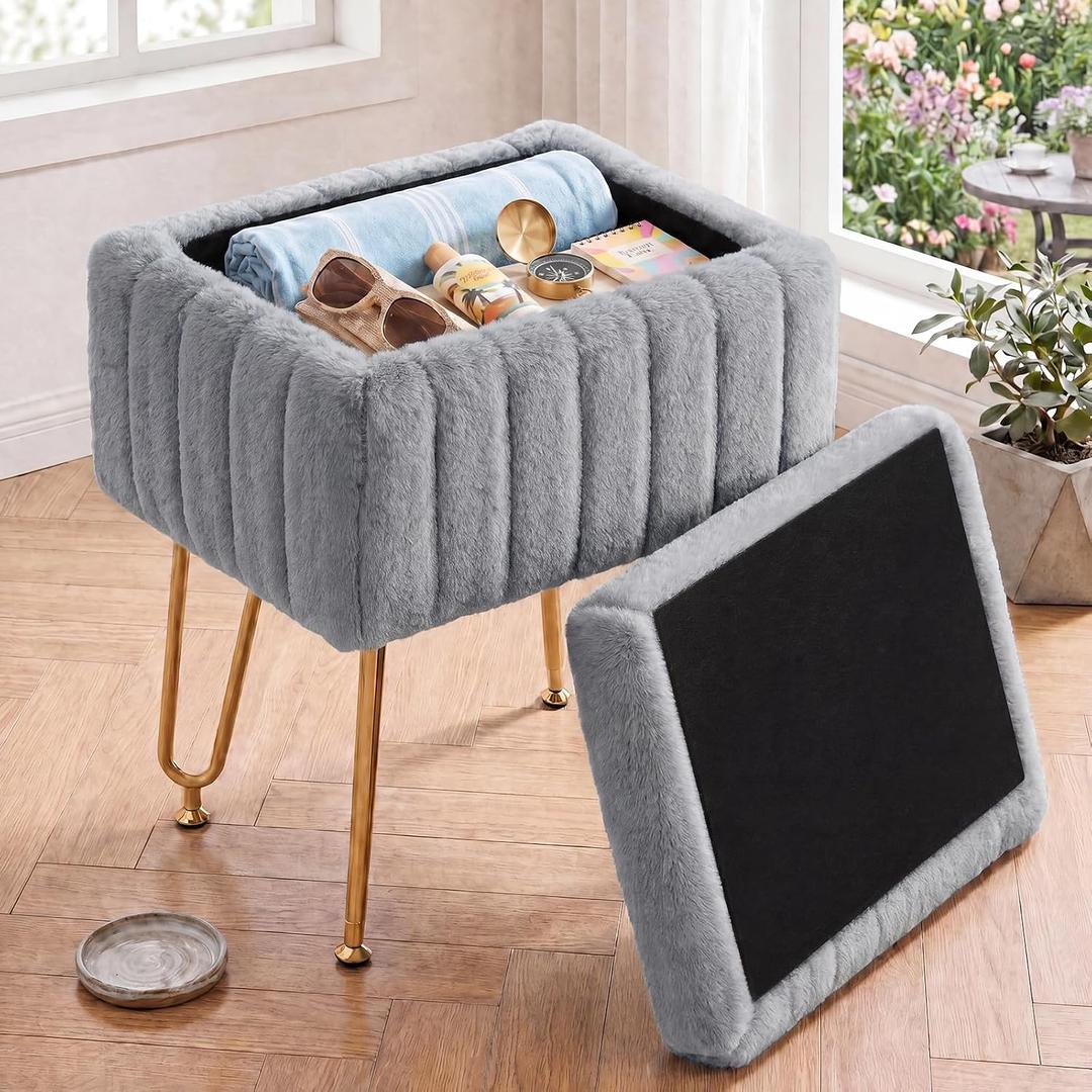 OLIXIS Vanity Stool Chair Faux Fur with Storage, Soft Ottoman 4 Metal Legs with Anti-Slip Feet, Makeup Cute Soft Small Footstool for Makeup, Cute Small Footrest for Dressing Table, 16.1"D*13.06"W*19.12"H