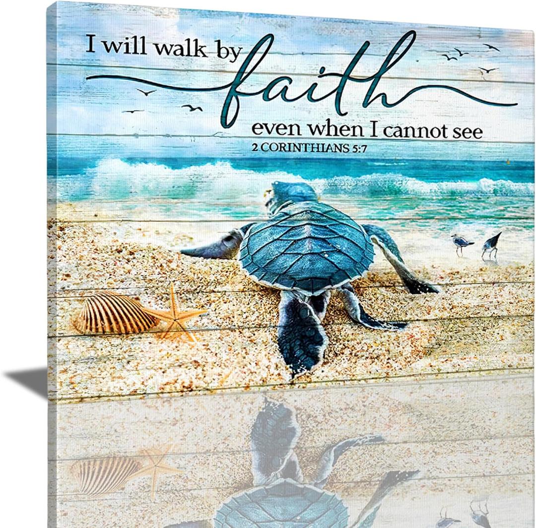 citari Sea Turtle Ocean Bathroom Decor Wall Art, Christian Religious Pictures Beach Coast Nautical Canvas Print Painting, Turtle Poster Gifts, Scripture Bible Framed Artwork for Bedroom 20"x16" (20L" x 16W", Sea Turtle Art)