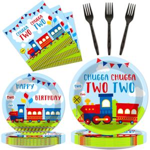 Chugga Chugga Two Two Party Supplies Set Train Plates and Napkins 2nd Birthday Party Tableware Packs Decorations Transportation Disposable Paper Plates Napkins Forks For Kids Serve 25