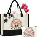 Tecanne Teacher Gifts for Women, Canvas Tote Bag with Makeup Bag, Beach Bag with Zippe
