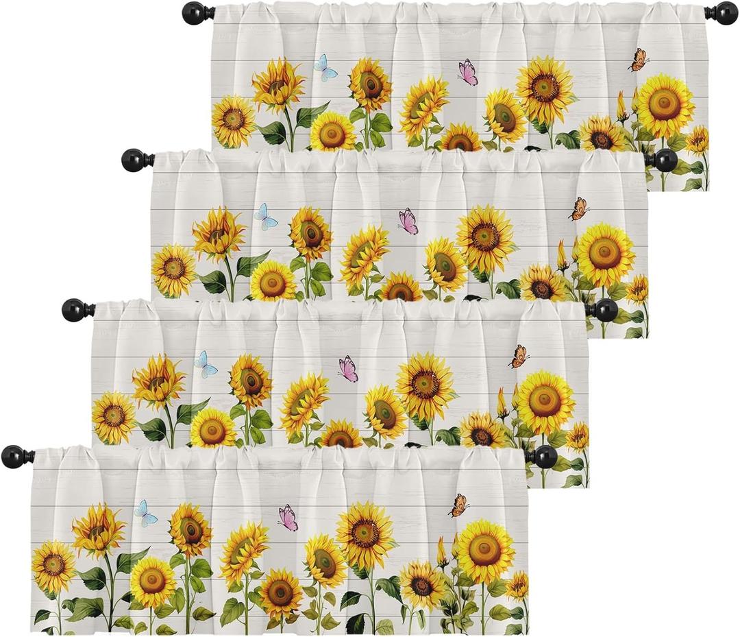 Emvency 4 Pack Valances Window Treatments, Farmhouse Sunflower Spring Summer Butterfly Blackout Adjustable for Living Room Bathroom Bedroom Kitchen Over Sink, 18x52 Inch Rod Pocket Valances