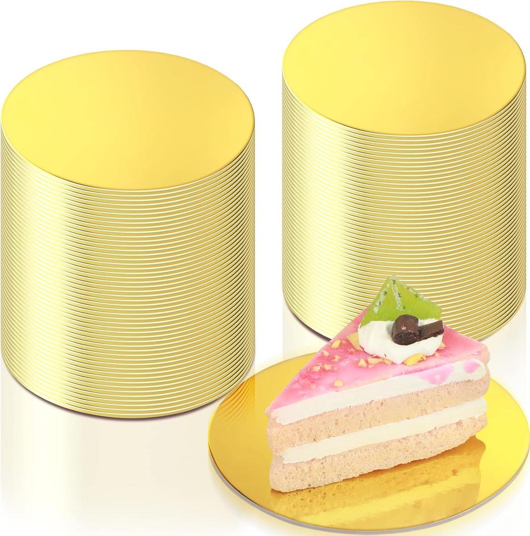 Honeydak 50 Pack Golden Cake Base Grease Proof Circle Plate Cardboard Rounds Mini Boards Laminated Mousse 4 Inch for Kitchen Baking Caking Pizza Dessert Cupcake Tiered Tray Display