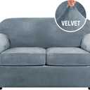 H.VERSAILTEX Real Velvet Plush 3 Piece Stretch Sofa Covers Couch Covers for 2 Cushion Couch Loveseat Covers Width Up to 72 Inch Feature Thick Soft Stay in Place (Medium Sofa, Stone Blue)