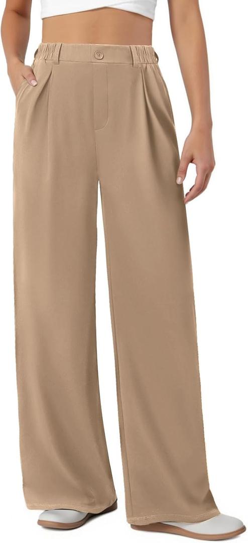 COPYLEAF Womens Dress Pants Wide Leg Stretchy Work Pants with Pockets Elastic Waist Pleated Front Business Casual Slacks(Light Coffee XL)