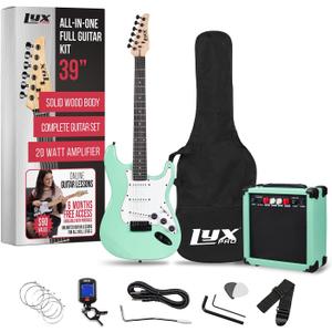LyxPro 39 inch Electric Guitar Kit Bundle with 20w Amplifier, All Accessories, Digital Clip On Tuner, Six Strings, Two Picks, Tremolo Bar, Shoulder Strap, Case Bag Starter kit Full Size - Green (39" Right Handed) LyxPro 39 inch Electric Guitar Kit Bundle with 20w Amplifier, All Accessories, Digital Clip On Tuner, Six Strings, Two Picks, Tremolo Bar, Shoulder Strap, Case Bag Starter kit Full Size - Green (39" Right Handed)