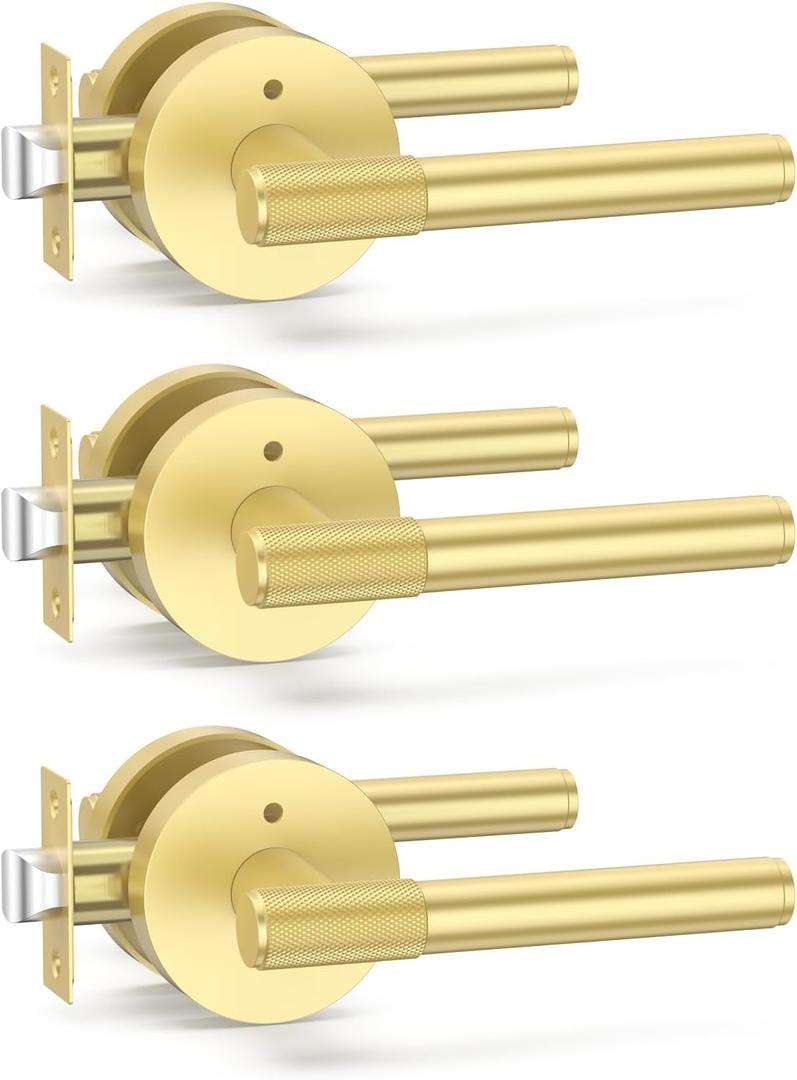 Amerdeco 3 Pack Brushed Gold Door Handles Interior, Knurled Privacy Door Handles with Lock,Gold Door Lever for Bedroom or Bathroom,Reversible Keyless for Left Right Handed Doors AM0027