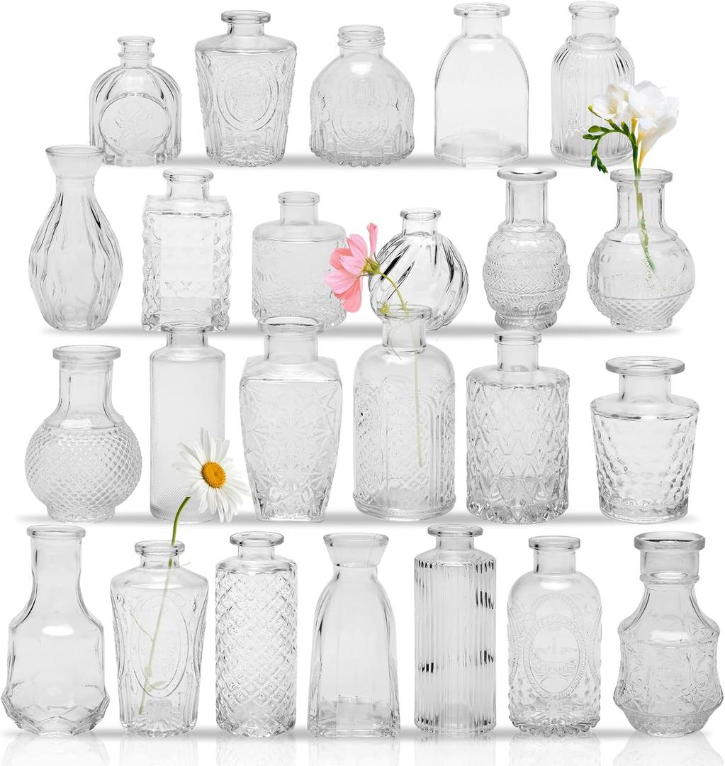 24PCS Clear Glass Bud Vases Set,Small Flower Arrangement Vase,Vintage Crystal Glass Design,Wedding,Party Decoration,Home Flower Arrangement (24)