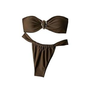 SHENHE Women's 2 Piece Strapless Swimsuit Metal Ring High Cut Thong Ruched Bandeau Bikini Set Coffee Brown Large