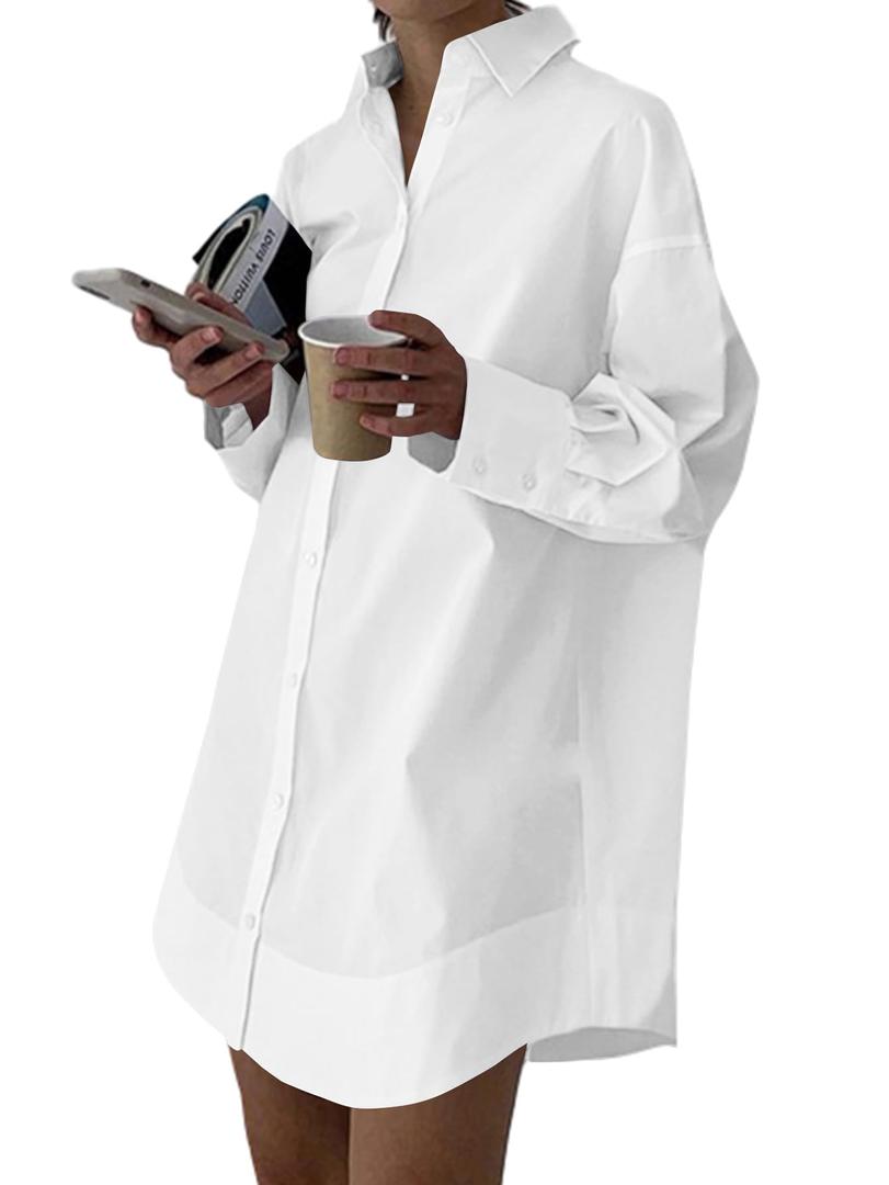 LYANER Women's Casual Shirt Dress Collar V Neck Button Down Loose Long Sleeve Mini Dresses, Medium