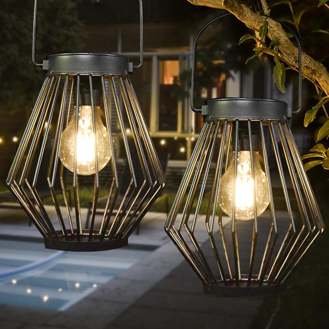 Solar Lanterns Outdoor Waterproof, 2 Pack Metal Decorative Hanging Lantern Lights with Warm White LED Bulb, Solar Powered Patio, Yard & Garden Decor, Ideal for Housewarming & Christmas Gifts