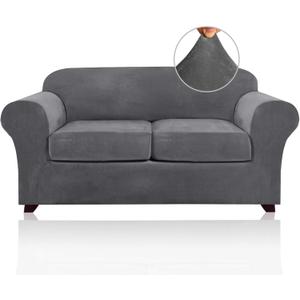PrinceDeco Velvet Couch Cover Loveseat Covers for 2 Cushion Couch 3 Piece Sofa Covers for Dogs Washable Loveseat Covers Width Up to 72 Inch No Slip Stretch Sofa Slipcover(Medium, Grey)