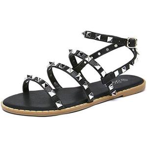 katliu Women's Flat Sandals Strappy Studded Sandals Gladiator Sandals with Ankle Strap, Size 8.5