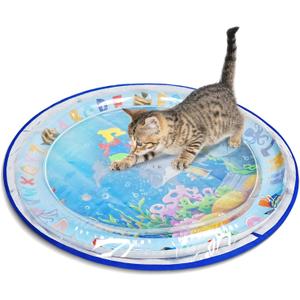 Cat Water Sensory Play Mat with Extra Protective Cover, Thickened Cat Water Mat Bed for Cats Dogs Kittens Puppies (Round Blue)