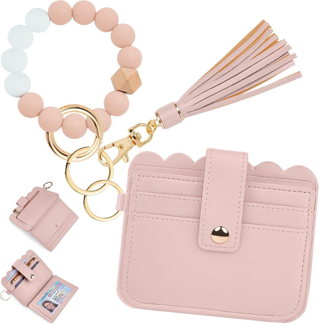 Lostars Wristlet Wallet for Women with Keychain  RFID Card Holder Small Wallet Wristlet with Key Ring (Pink)