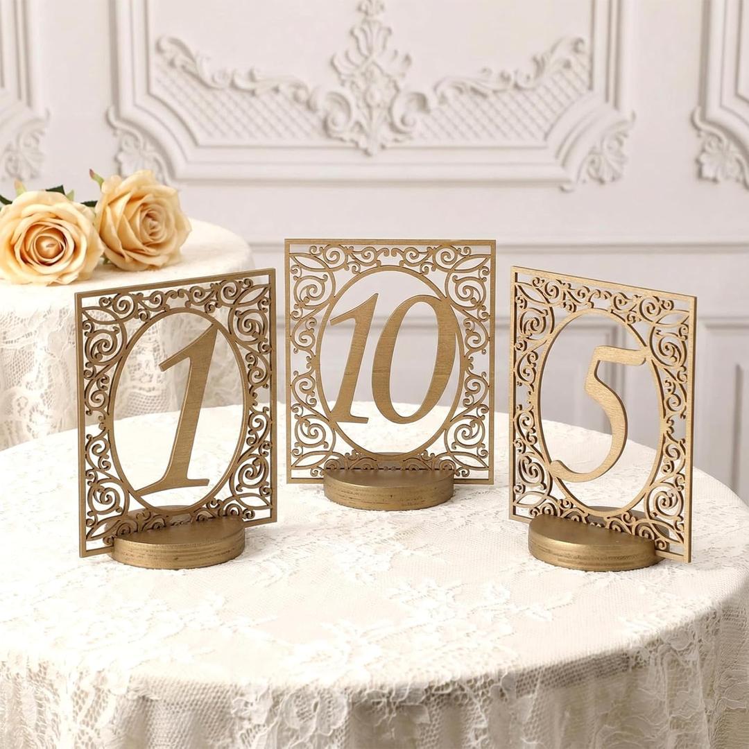 Novabright 10 Pcs Hand Painted Gold Wooden Table Numbers 110 Wedding Carving Table Numbers with Base Rustic Gold Elegant Desktop Sign for Wedding Reception Bridal Shower Banquet Centerpiece Decor
