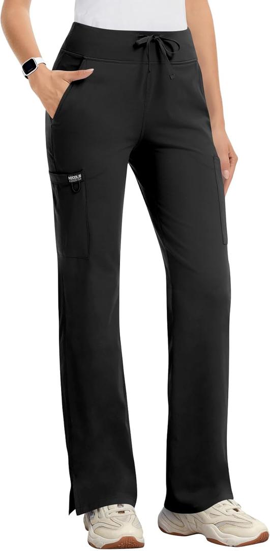 Yoga Scrub Pants Women High-Rise Straight Leg Uniform Cargo Bottom with Yoga Waistband,5 Pockets & 4-Way Stretch (Medium, Black)