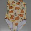 Girls One Piece Swimsuits Cute Capybara Simple Flower Yellow Pattern Cute Swimwear Bathing Suits, 9-10 Years