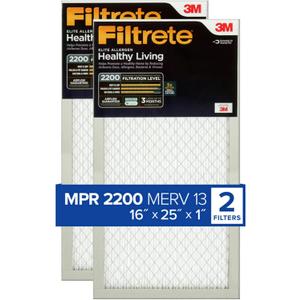 Filtrete 16x25x1 AC Furnace Air Filter, MERV 13, MPR 2200, Elite Allergen, Bacteria & Virus Filter, 3-Month Pleated 1-Inch Electrostatic Air Cleaning Filter, 2-Pack (Actual Size 15.69x24.69x0.78 in)