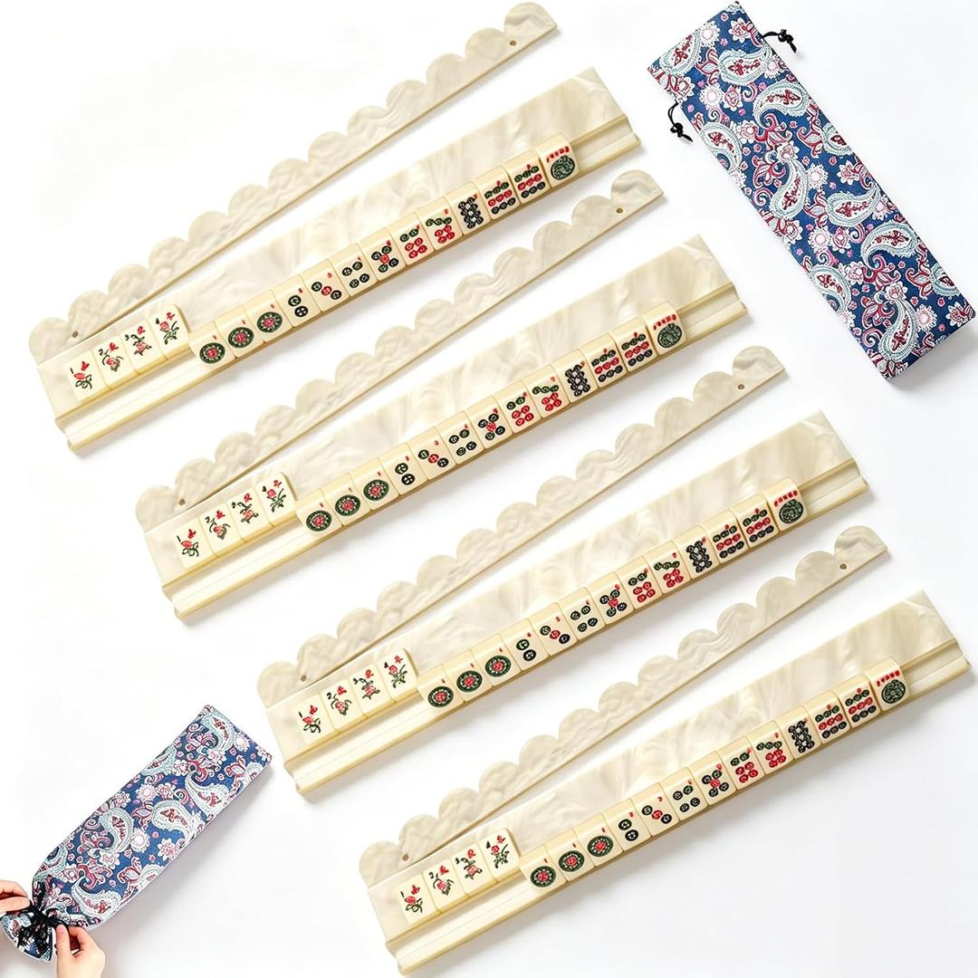 20 Inch Mahjong Rack with Magnetic Pushers Set of 4, Heavy-Duty Acrylic Mahjong Rack and Pusher Set with Carry Bag Tiles Holders American Mahjong Accessories (Beige)